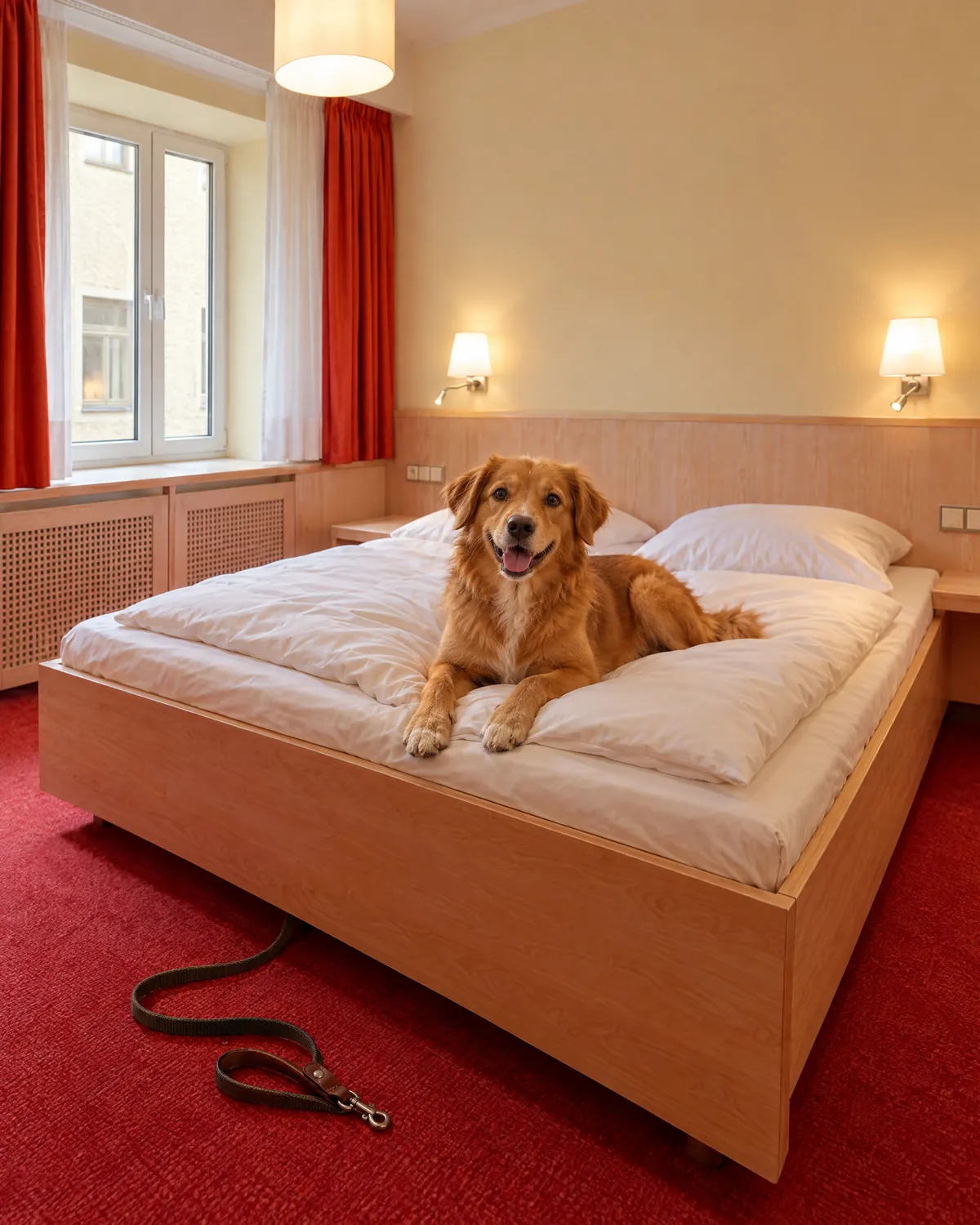 Hund auf dem Bett in einem Zimmer des Hotel ADRIA München
